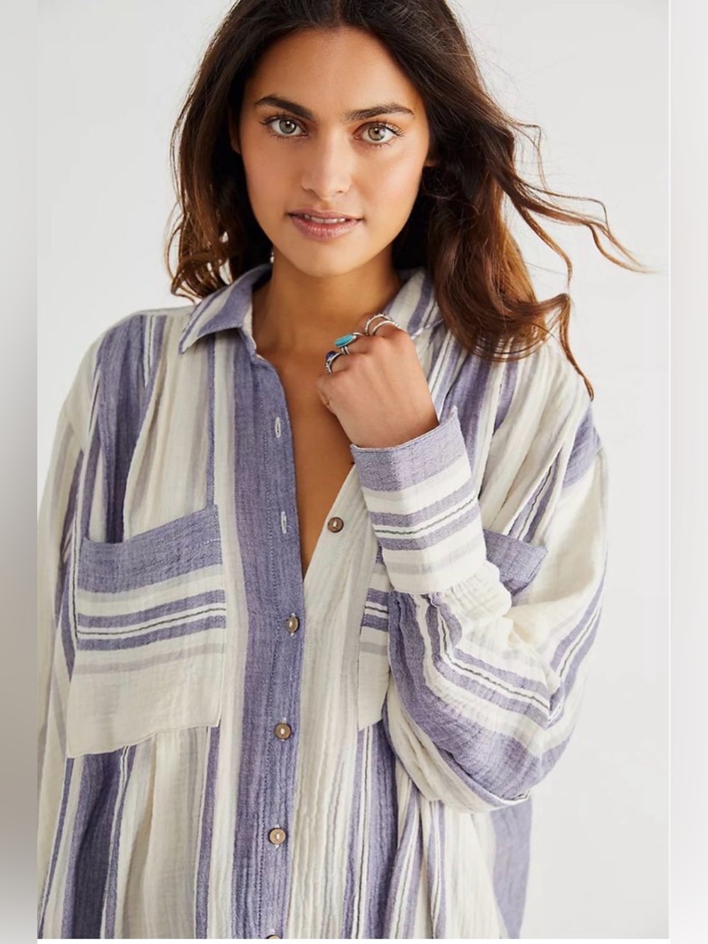 Free People Linen Bohemian Button-Up Shirt dress - Picture 2 of 5